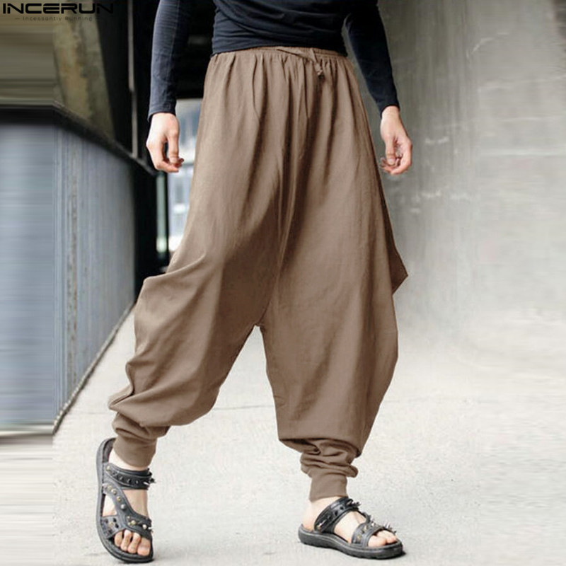 INCERUN Men's Harem Baggy Pants Men Hakama Linen Casual Wide Leg Mens Pants Japanese Trousers Men's Cross-pants Crotch Pants 5XL V200417