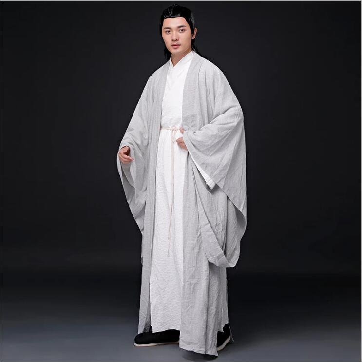 Asian Oriental Cosplay Photo Studio ancient China costume Linen white Gray paintings Color clothes men cotton Sword man hanfu Outfit