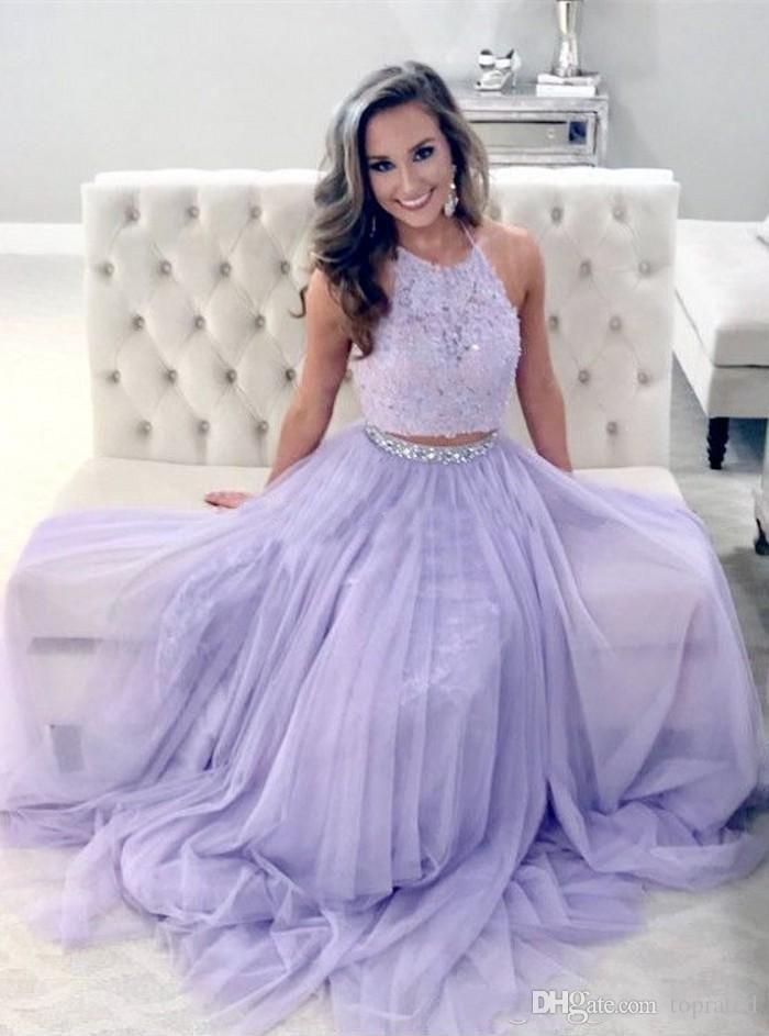 Two Sexy Lavender Piece Prom Halter Neck Lace Beaded Crystals Tulle or Length Backless Dresses Formal Dress Evening Gown