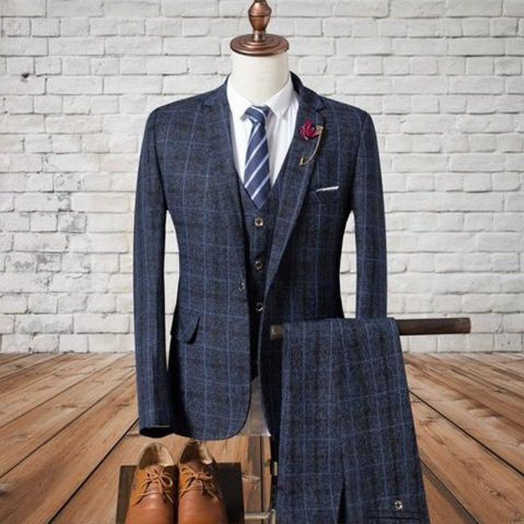 2019 Wedding Tuxedos Navy Blue Check Slim Fit Men's Suits Formal British Plaid Groom Tuxedos Custom Made Jacket Pants Vest
