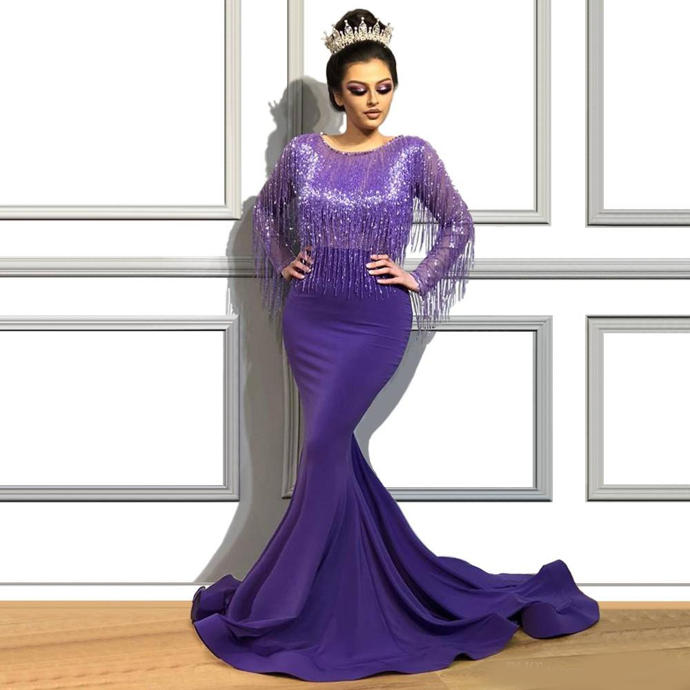 Purple Arabic Tassel Mermaid Evening Dresses Beaded Jewel Neck Long Sleeves Prom Gowns Sweep Train Satin Formal Dress