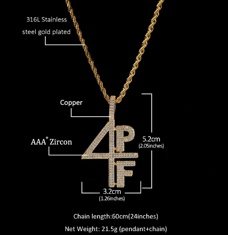 4PF Pendant Necklace Iced Out Lab Diamond Letter Number DJ Rapper Jewelry Street Style Chain GD7