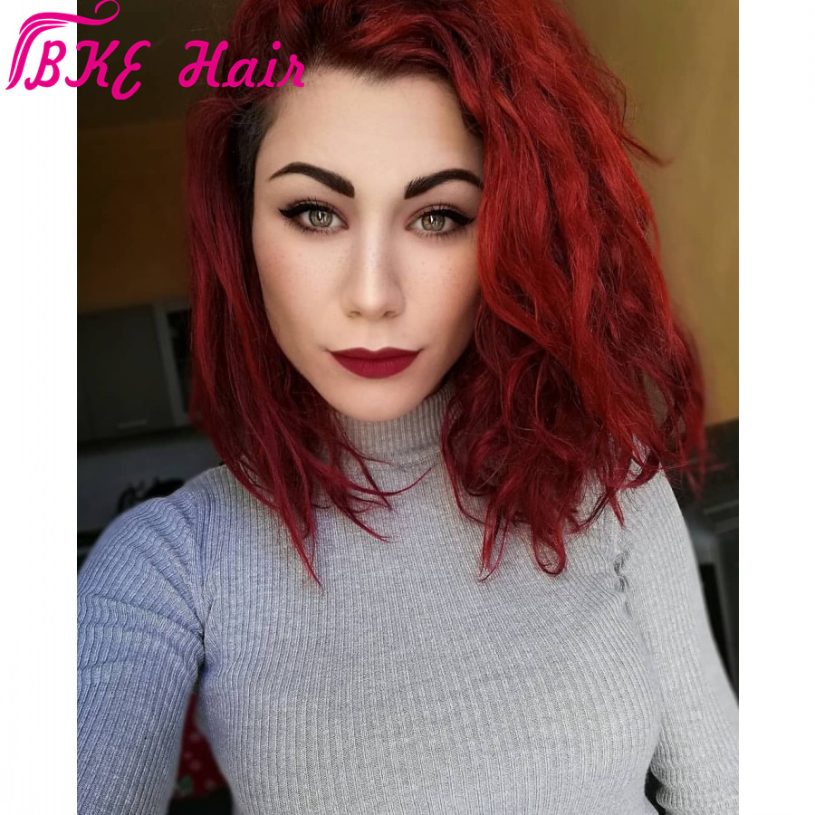 Free shipping Short Bob Glueless 13*3 synthetic Lace Front Ombre red Color for women 150 Density Brazilian wavy Wigs Pre Plucked