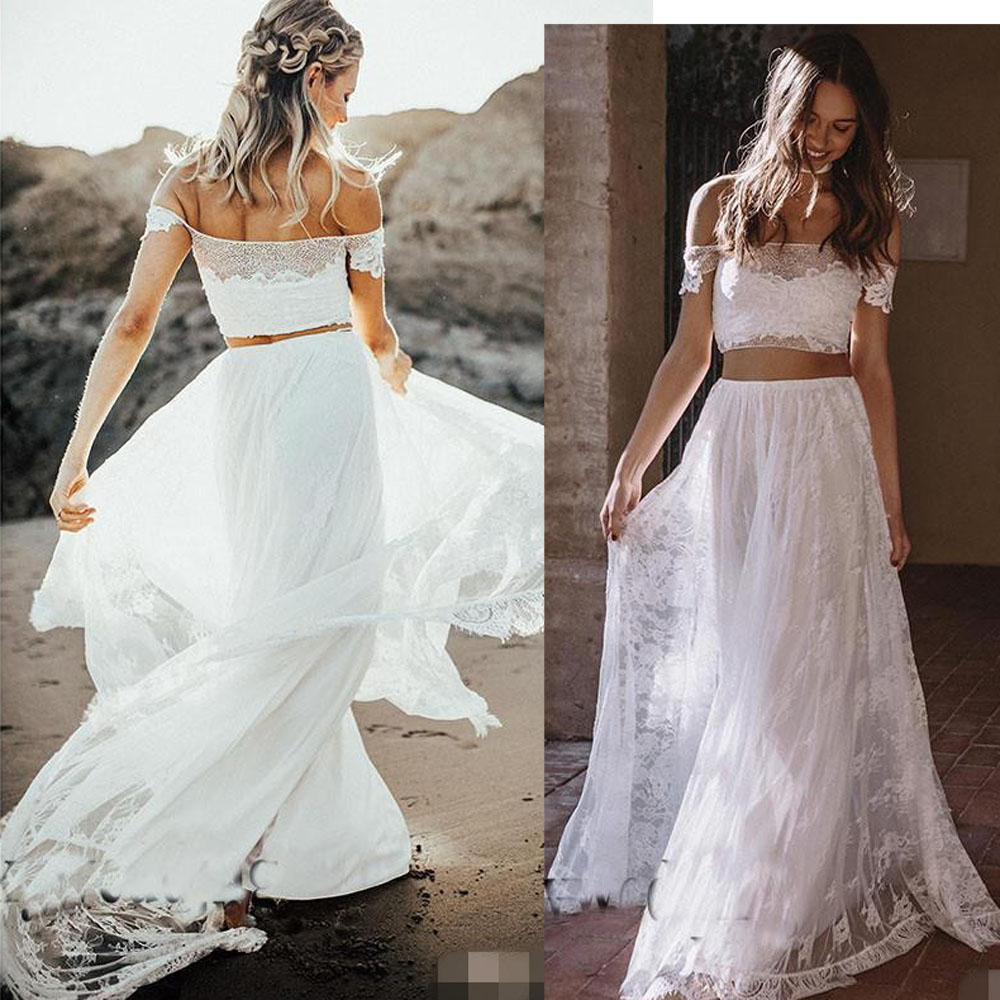 Two Piece Dresses Elegant Off Shoulder Cap Sleeves Lace Applique Floor Length Custom Made Boho Beach Wedding Gown
