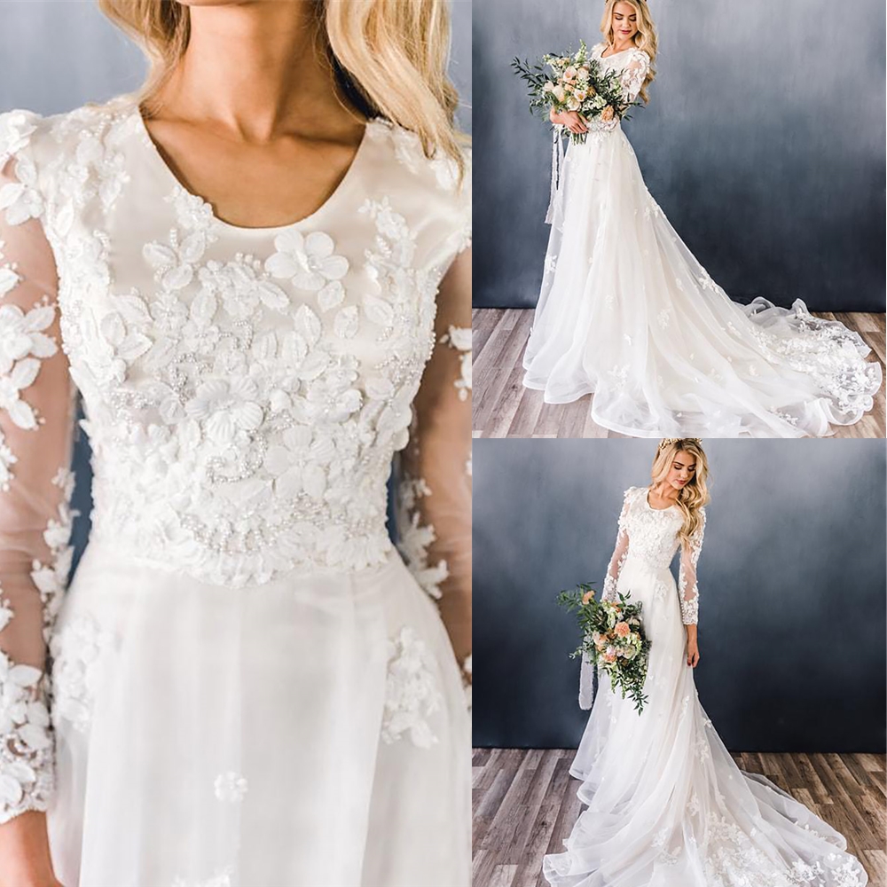 New Simple A-line Modest Wedding Dresses With Long Sleeves Scoop Neck Champagne Lace Appliques Flowers Modest LDS Bridal Gown Wed Dress, Black
New Simple A-line Modest Wedding Dresses With Long Sleeves Scoop Neck Champagne Lace Appliques Flowers Modest LDS Bridal Gown Wed Dress, Black