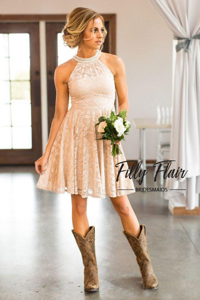 O-Neck Full Lace Short Bridesmaid Dresses Beaded With Pearls Collar Jewel Neck Zipper Back Western Maid of Honor Dresses Cheap