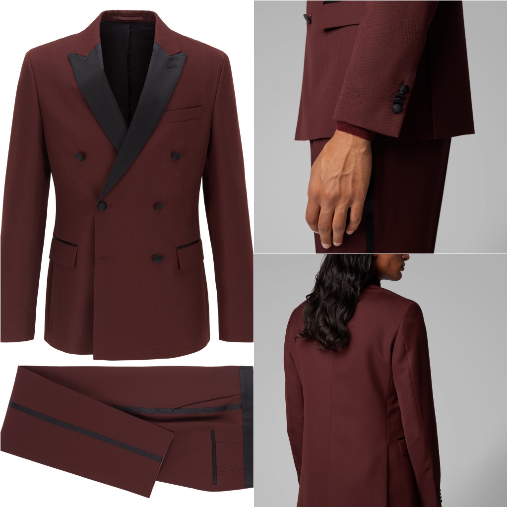 New Fashion Burgundy Groom Wedding Tuxedos Men Groom Suits Notched Lapel Double Breasted Prom Party Blazer Jacket (Jacket+Pants)