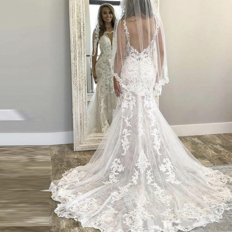 Mermaid Lace Wedding Dresses 2020 O-Neck Appliques Sweep Train Backless Elegant Bridal Gowns Bride Dress Vestido de Noiva