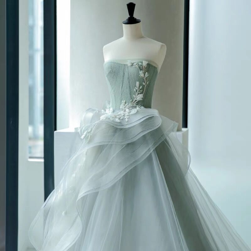 Strapless Sage Ball Gown Prom Dress Lace-up/Zipper Back Sweep Train Evening Gowns