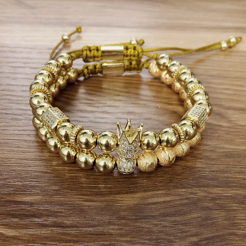 2pcs/set Men Bracelets Crown Paved white CZ ball Charm copper bead Macrame handmade & Bangles for Gift Valentine's Day Holiday Christmas