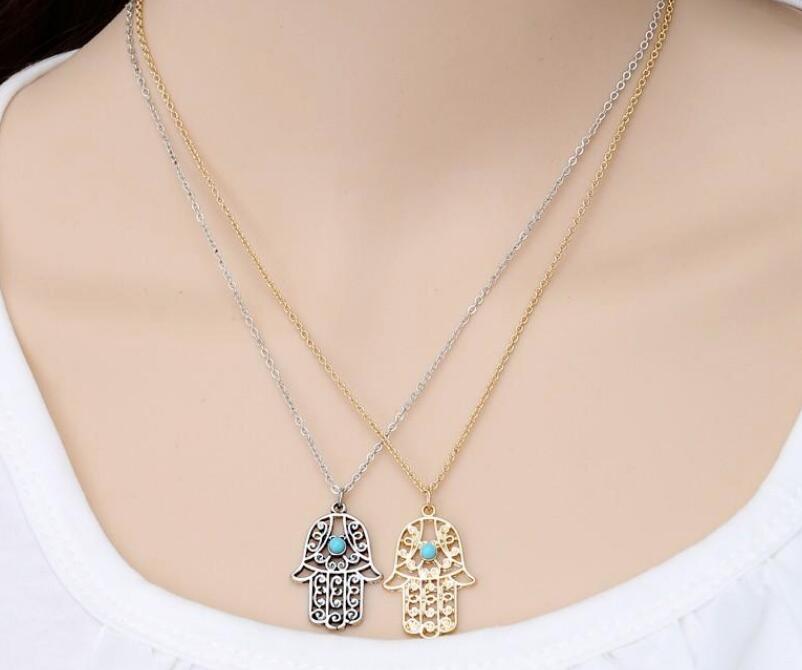 Hot sale Design Luck Hamsa Hand Pendants Necklace Luck Fatima Hand Palm Statement Necklace collares Wholesale Free Shipping WY050