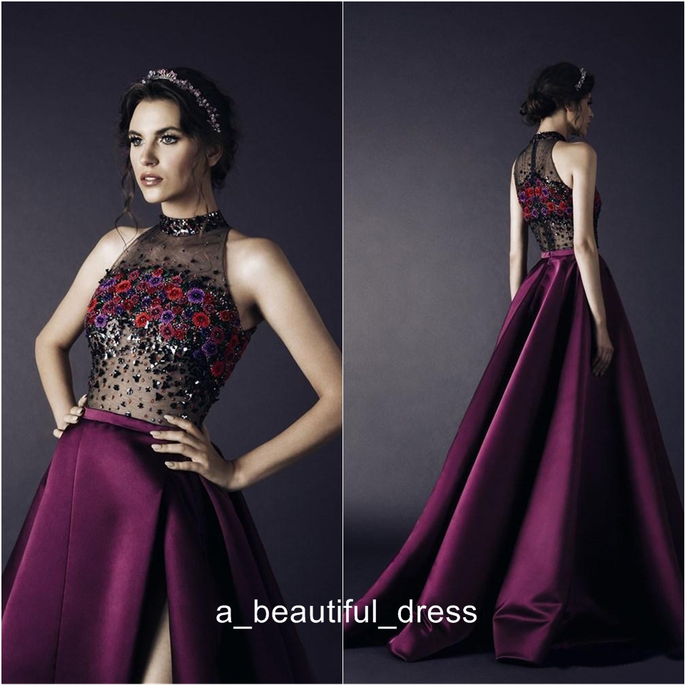 Front Split Evening Dresses High Collar Embroidery Beaded Prom Dress Sleeveless Floor Length Formal Prom Pageant Gowns ED1138