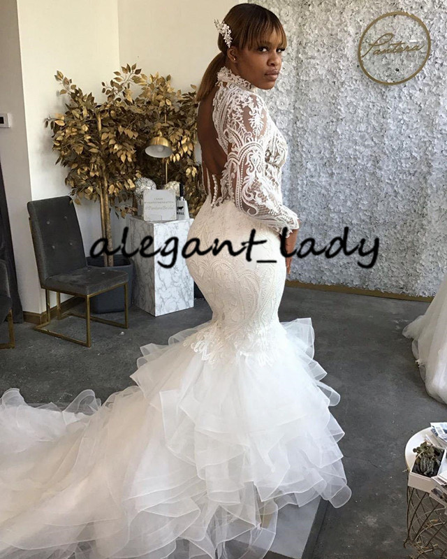 Plus Size Mermaid Wedding Dresses with Long Sleeve 2020 High Neck Cascading Ruffles African Arabic Lace Applique Trumpet Wedding Gown