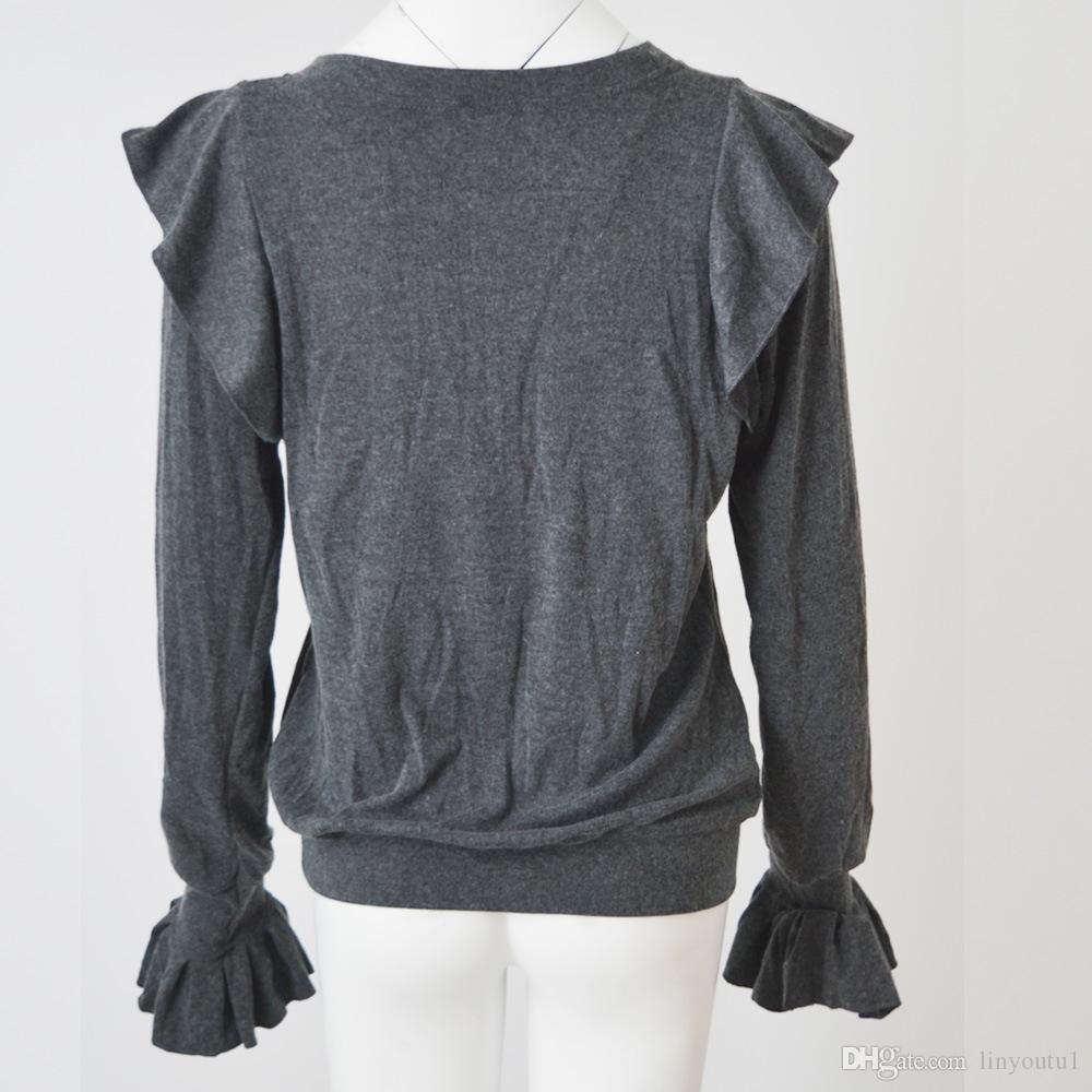2020 Autumn/ Winter Sweet Vintage Slim Ladies Long-Sleeved Shirt Fungus Ruffled Trumpet Sleeve Knit Women Sweater S-XL