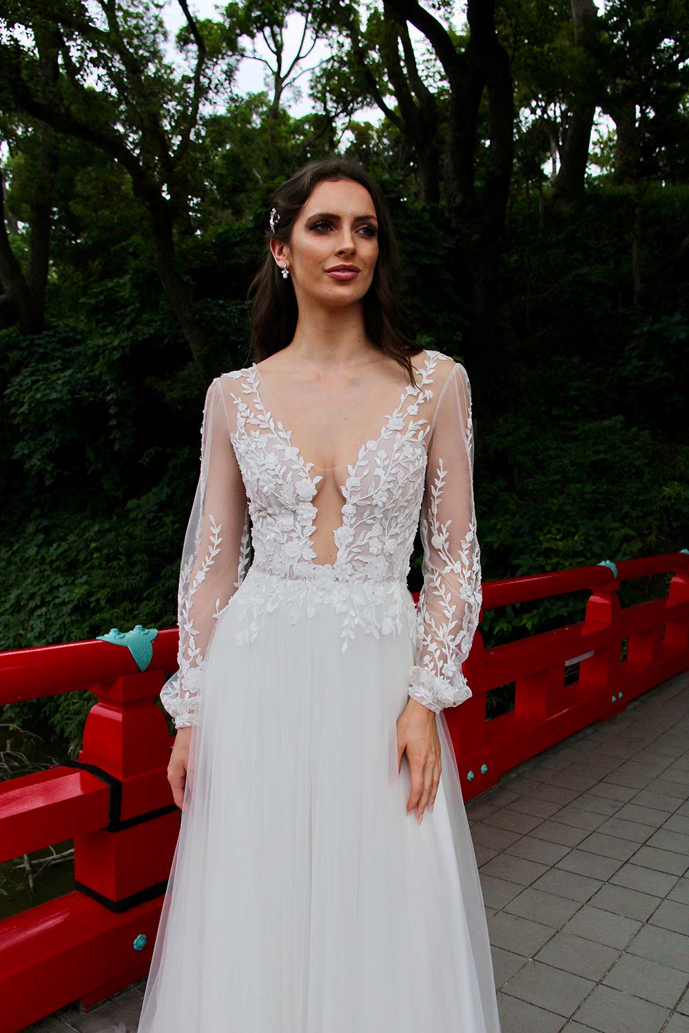 floral wedding dress vneck a line appliqued lace long sleeves bridal dress sweep train tulle illusion backless robes de marie