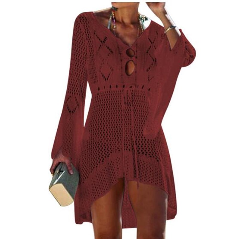 New Crochet For Women Knitted Tassel Tie Beachwear Summer Fashion Swimsuit Cover Up Sexy See-through Beach Dress