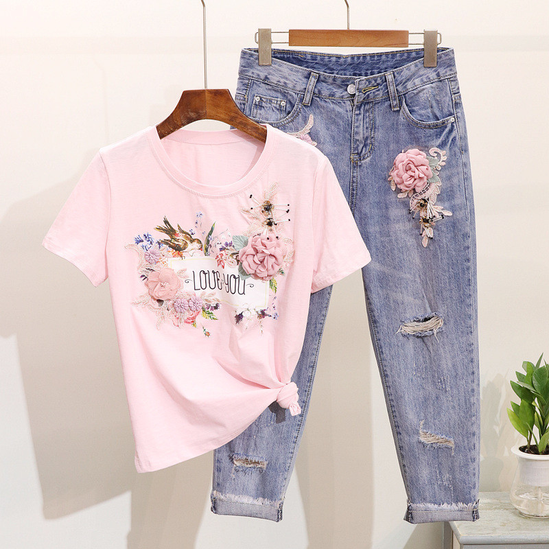 Luosha Women 2019 2pcs Summer Stylish Embroidery 3d Flower Short Sleeved Tshirt+heavy Work Jean Rippered Hole Denim Pants Suit Y19062201