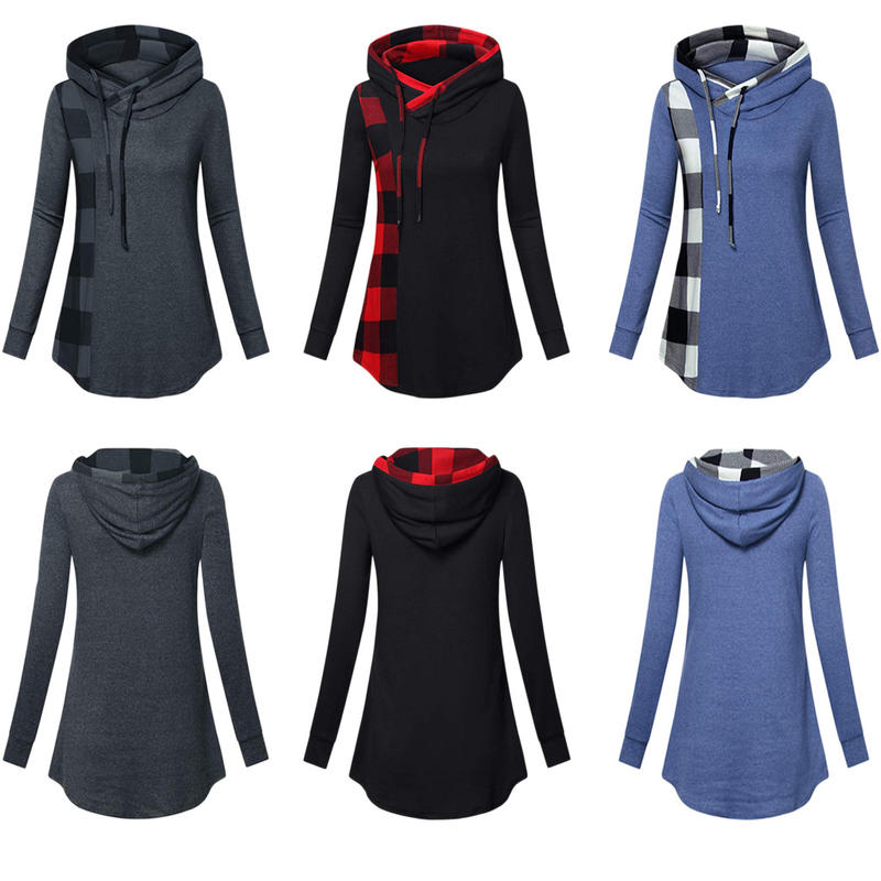 Women' Solid Color Stitching With Plaid Top Hoodies Long-Sleeved Sweatershirt, Gray
Women' Solid Color Stitching With Plaid Top Hoodies Long-Sleeved Sweatershirt, Gray