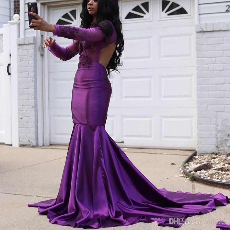 Purple Long Sleeve Mermaid Evening Dresses 2020 Arabic Lace Appliques High Collar Backless Long Prom Gowns Plus Size robes de soirée