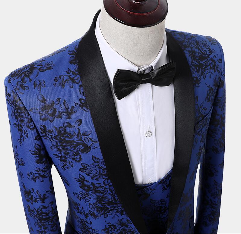 fashion suits with black print blue ral designs mens three pieces blazer slim fit suit jacket men wedding tuxedos