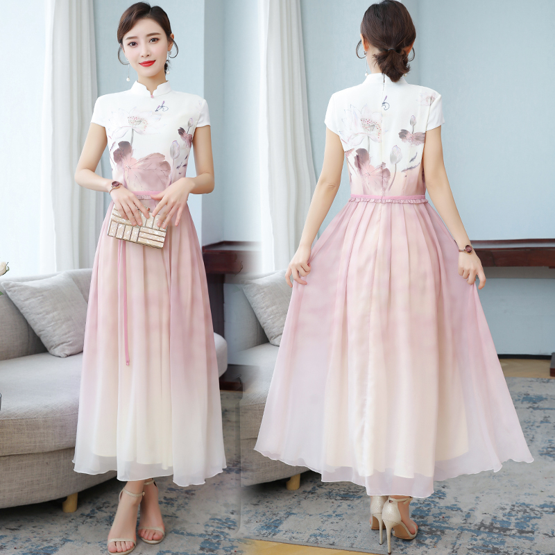 Modern Women retro pattern Printed cheongsam short Sleeve Traditional Qipao oriental gown Asia ethnic clothing elegant dress