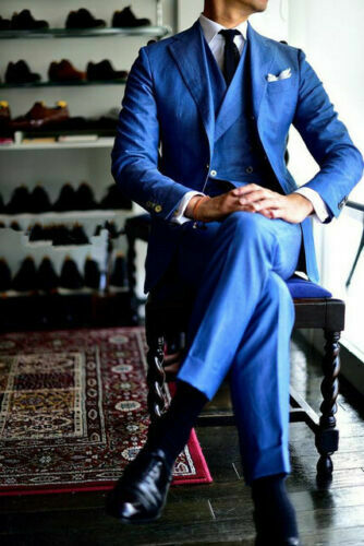 Blue Linen 3 Piece Wedding Tuxedos Slim Fit Waistcoat Pants Groom Wear Party Prom Best Men Blazer Suit(Jacket+Vest+Pants)