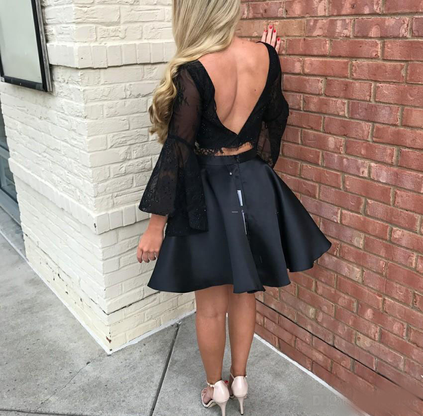 Little Black Party Evening Dress Two Piece Sheer Lace Homecoming Dress Short Prom With 3/4 Sleeve Backless A-line Formal Party Gowns