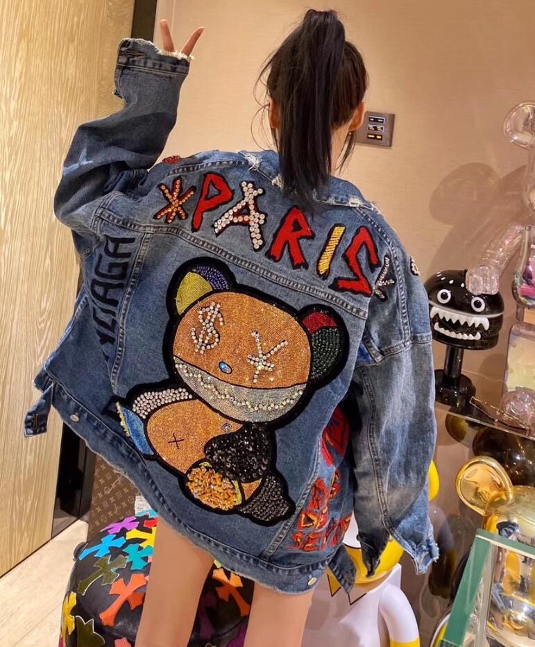 Autumn Heavy hot drilling Cartoon bear Denim jacket for women fashion long sleeve loose Jeans jackets female casual Outerwear w971, Blue
Autumn Heavy hot drilling Cartoon bear Denim jacket for women fashion long sleeve loose Jeans jackets female casual Outerwear w971, Blue