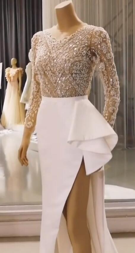2020 Arabic Aso Ebi Luxurious Beaded Sequins Wedding Dresses Mermaid High Split Bridal Dresses Long Sleeves Wedding Gowns ZJ224