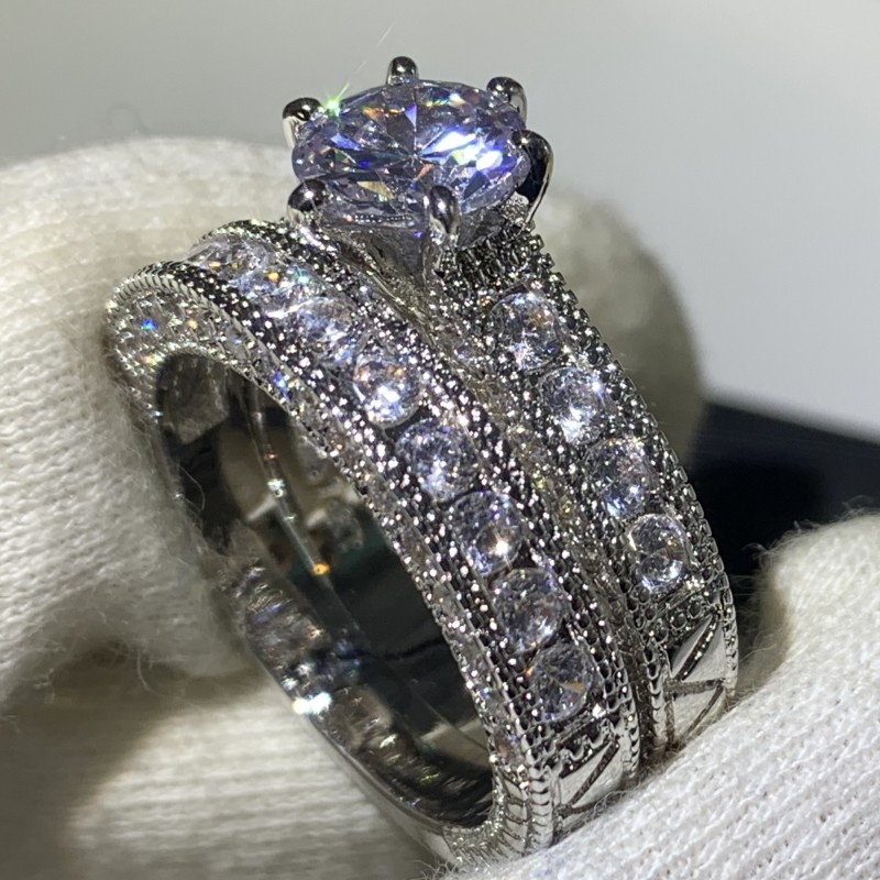 Vintage Jewelry Couple Rings 14KT White Gold Fill Round Cut White Topaz CZ Diamond Gemstones Party Retro Women Wedding Bridal Ring Set Gift