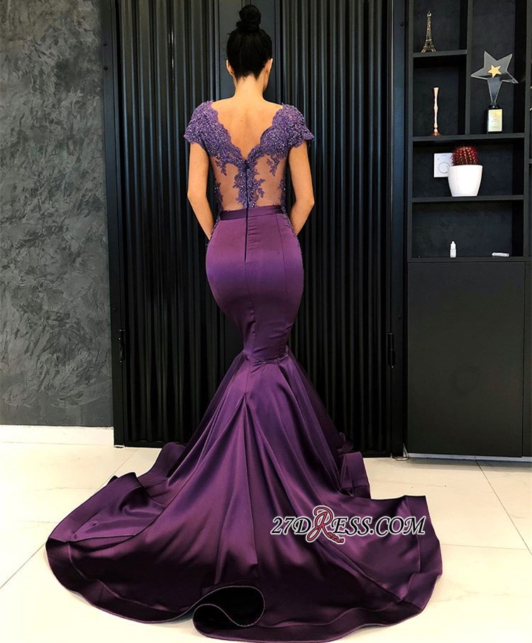 2019 Purple Evening Dresses V Neck Lace Appliqued Beads Satin Sweep Train Custom Made Mermaid Prom Dress Elegant Special Occasion Dress