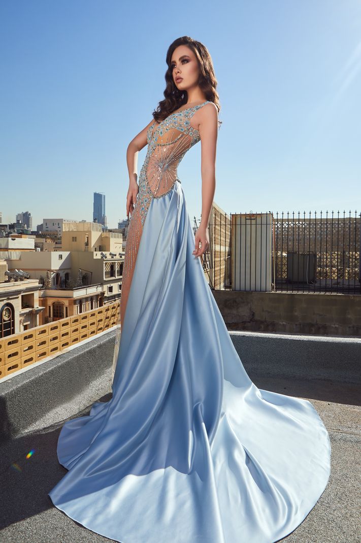 Tony Chaaya 2019 Evening Dresses With Detachable Train Blue Beads Mermaid Prom Gowns Illusion Lace Sleeveless Luxury Formal Party Dress