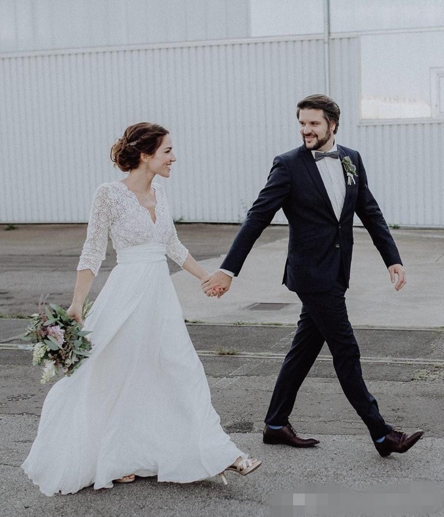 Gorgeous Boho Dresses Lace Chiffon Floor Length 3/4 Long Sleeves Custom Made Scalloped V Neck Country Beach Wedding Bridal Gown