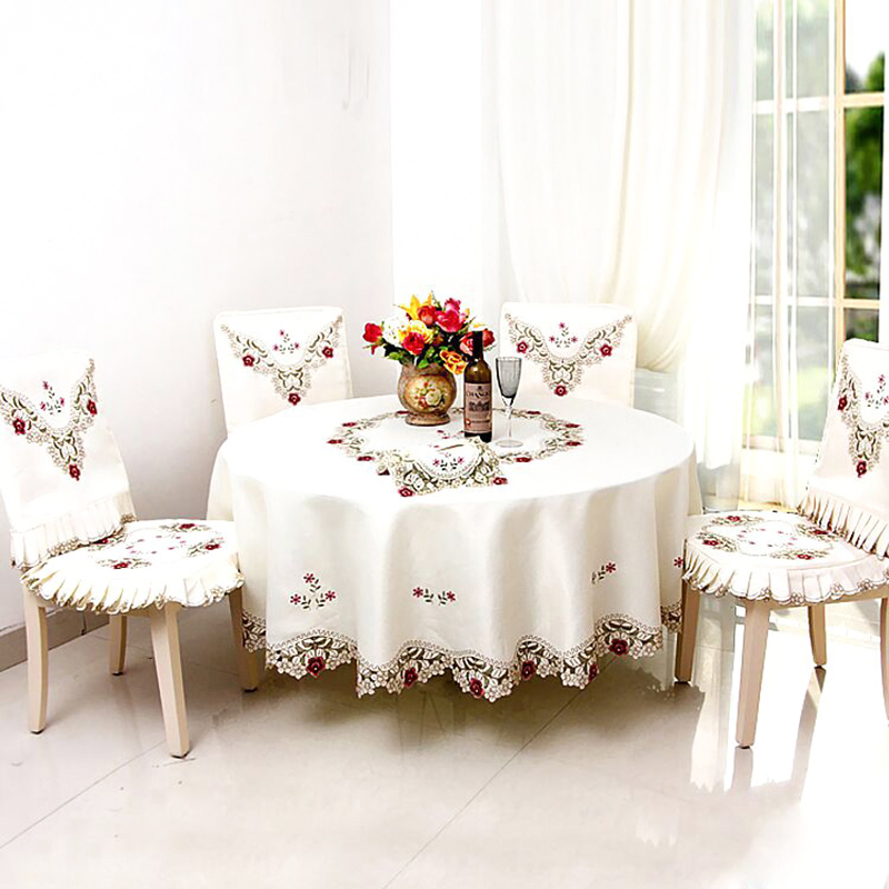 Table Cloth Round Red Floral Flower Embroidered Cover Tablecloth Cutwork Decor