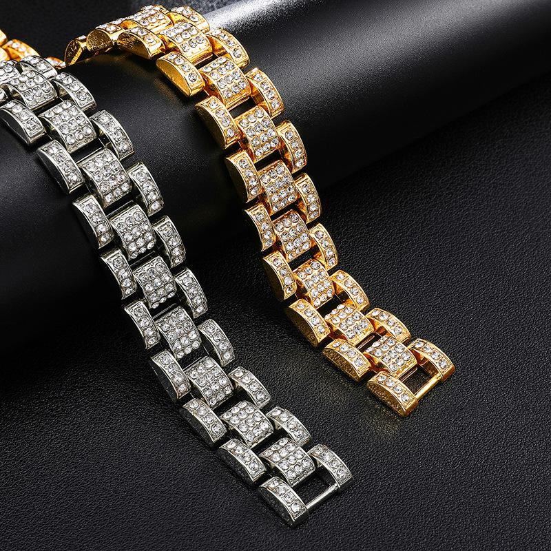 Full Diamond Mens Watch Band Bracelet 18k Gold Bling Rhinestone Hip Hop Iced Out Bangle Bracelets Rapper Chains Wristband Luxury Jewelry Gifts for Guy