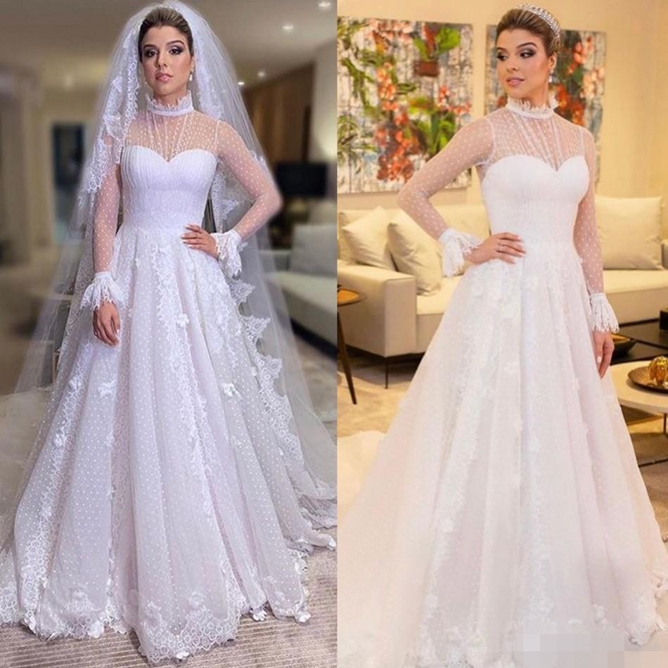 Long Sleeves A Line Dresses High Neck Lace Applique Sweep Train Custom Made Sheer Illusion Wedding Gown Vestido De Novia