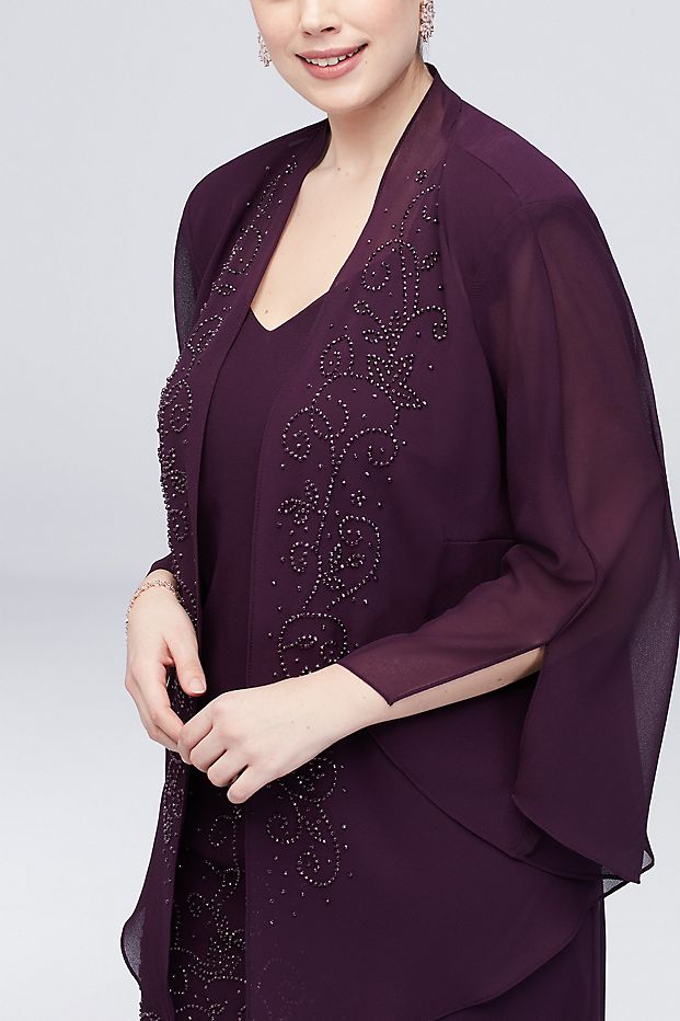 Grape Mermaid Plus Size Beaded Mother Of The Bride Dresses With Long Sleeves Jackets Wedding Guest Dress Tea Length Chiffon Evening Gowns