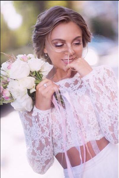 2019 New Beach Wedding Dresses Long Sleeves Lace Bride Gowns ruched two Pieces Princess Boho Long Sleeve With Tulle Bridal Dress zipper