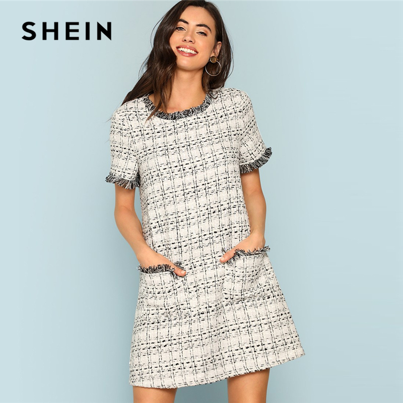 SHEIN Grey Plaid Frayed Edge Button Detail Tweed Dress Elegant Frill Straight Short Dresses Women Autumn Workwear Mini Dress, Gray
SHEIN Grey Plaid Frayed Edge Button Detail Tweed Dress Elegant Frill Straight Short Dresses Women Autumn Workwear Mini Dress, Gray