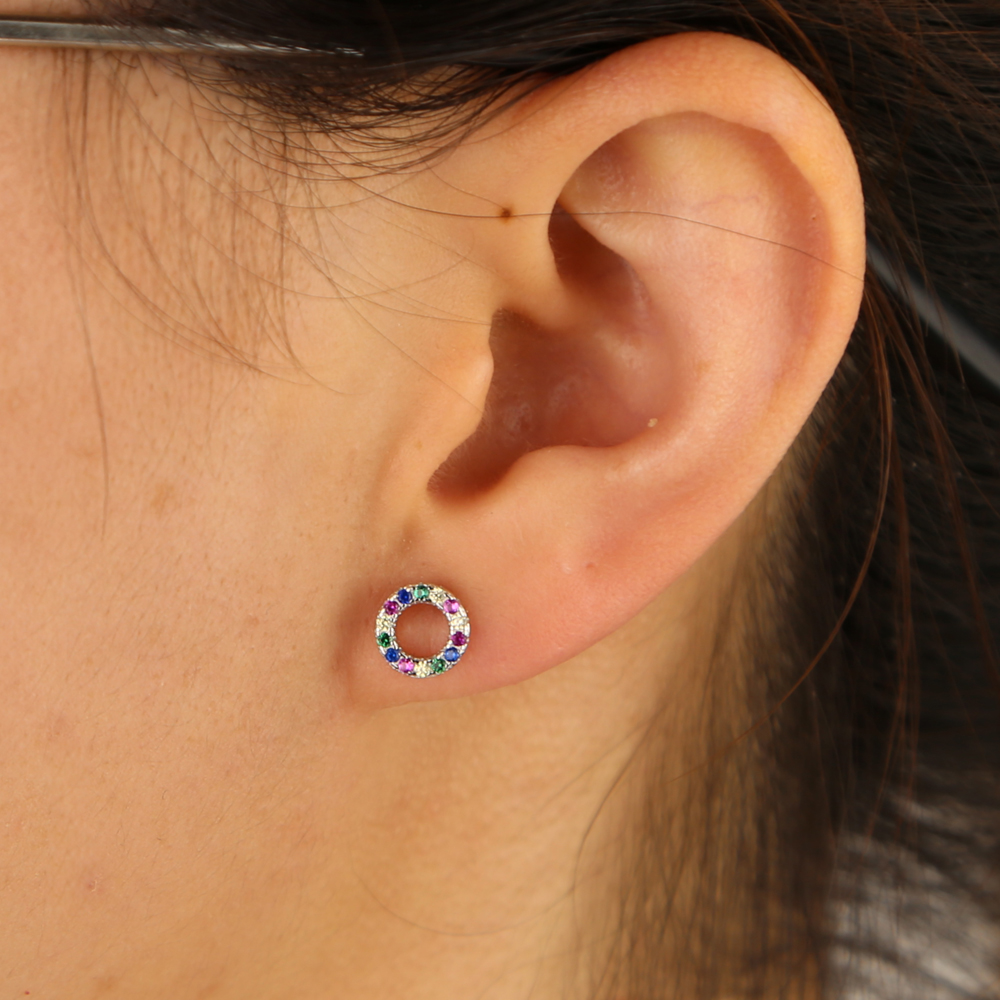 925 sterling silver geometric round circle stud earring colorful multi color cz stone paved tiny round earrings