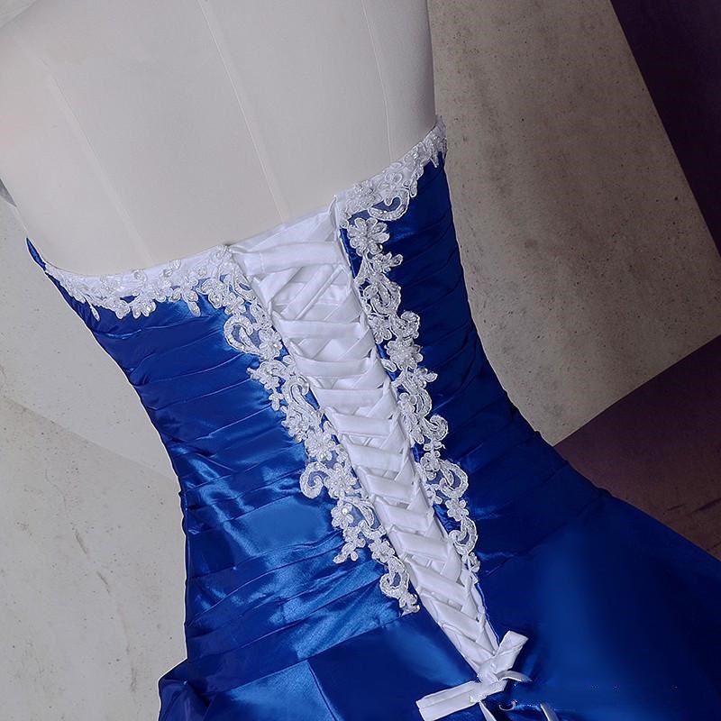 Classic Real Image New White and Royal Blue A Line Wedding Dresses Lace Taffeta Appliques Bridal Gown Beads Custom Made Cryst