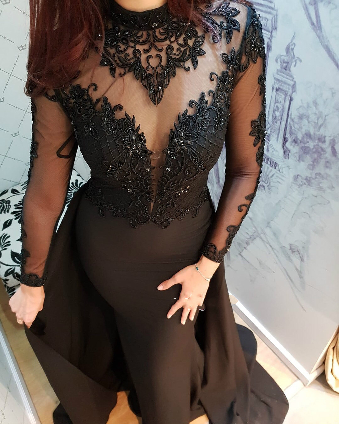 Black Mermaid Evening Dresses With Detachable Overskirts High Neck Lace Appliques Satin Sweep Train Prom Dress Long Sleeve Formal Gowns