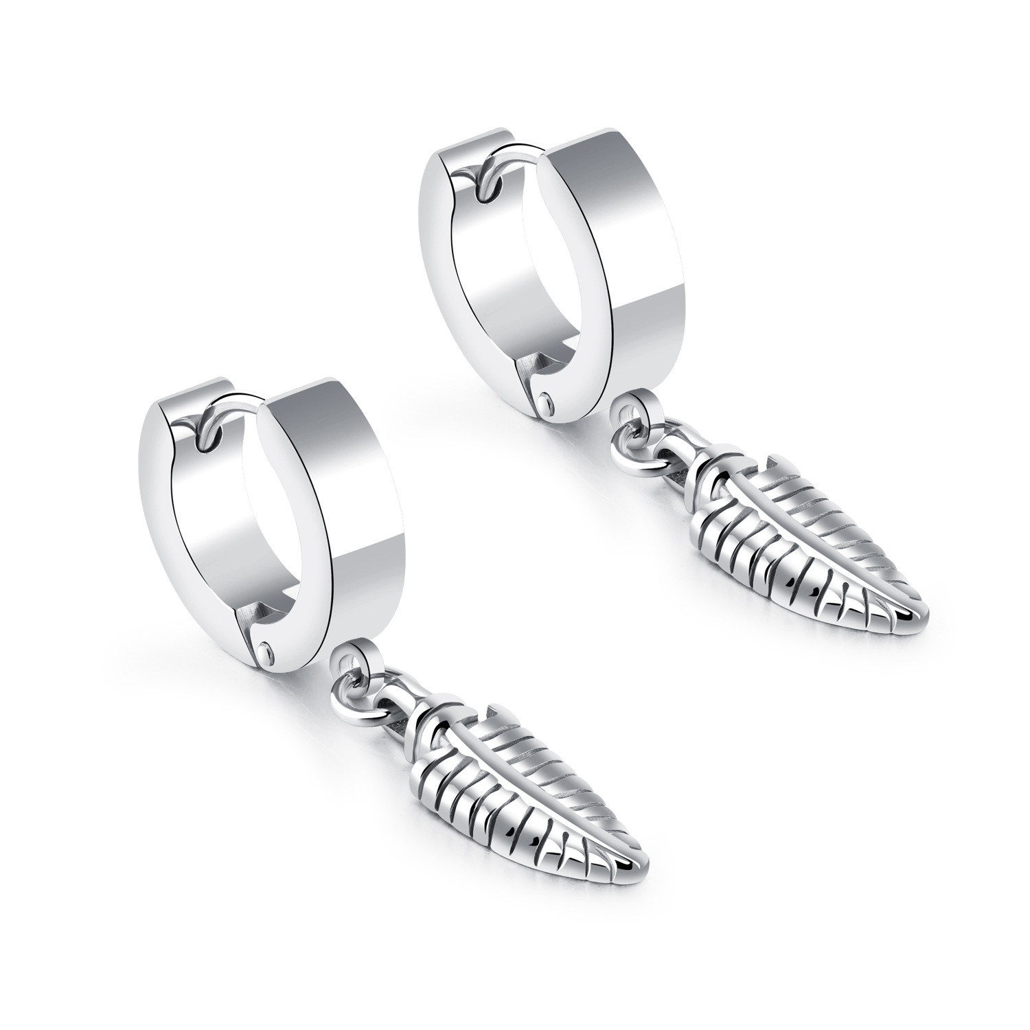 Hip Hop Charm Feather Drop Hoop Stainless Steel Earrings New Style Jewelry Wholesale Gold/Silver/Black