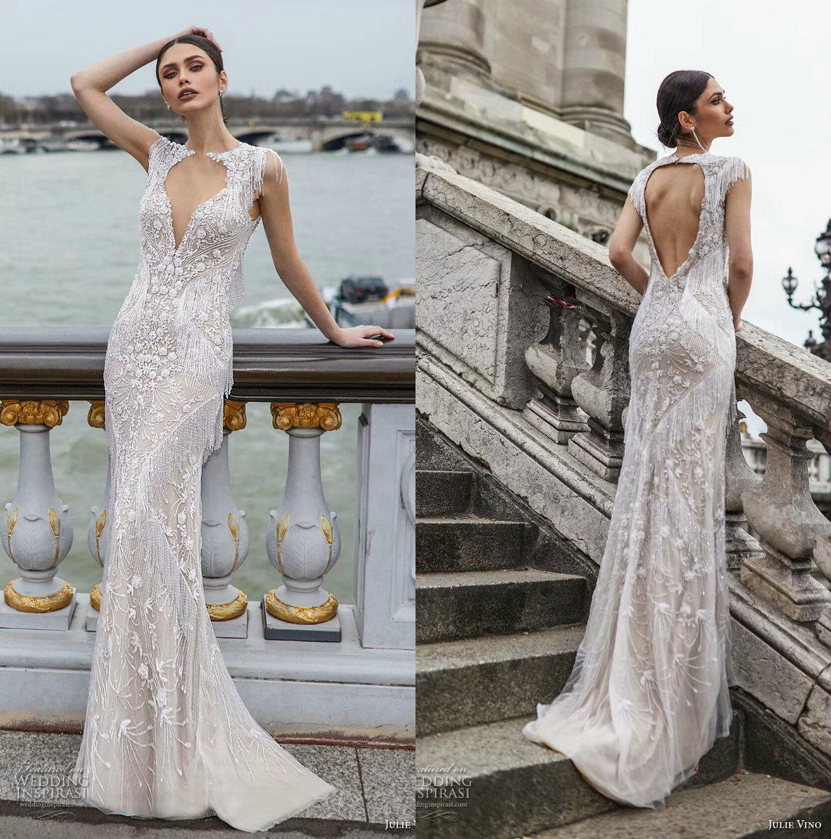 Julie Vino Mermaid Wedding Dresses Jewel Neck Lace Appliqued Major Beading Tassel Hollow Back Beach Wedding Dress Cap Sleeve Bridal Gowns