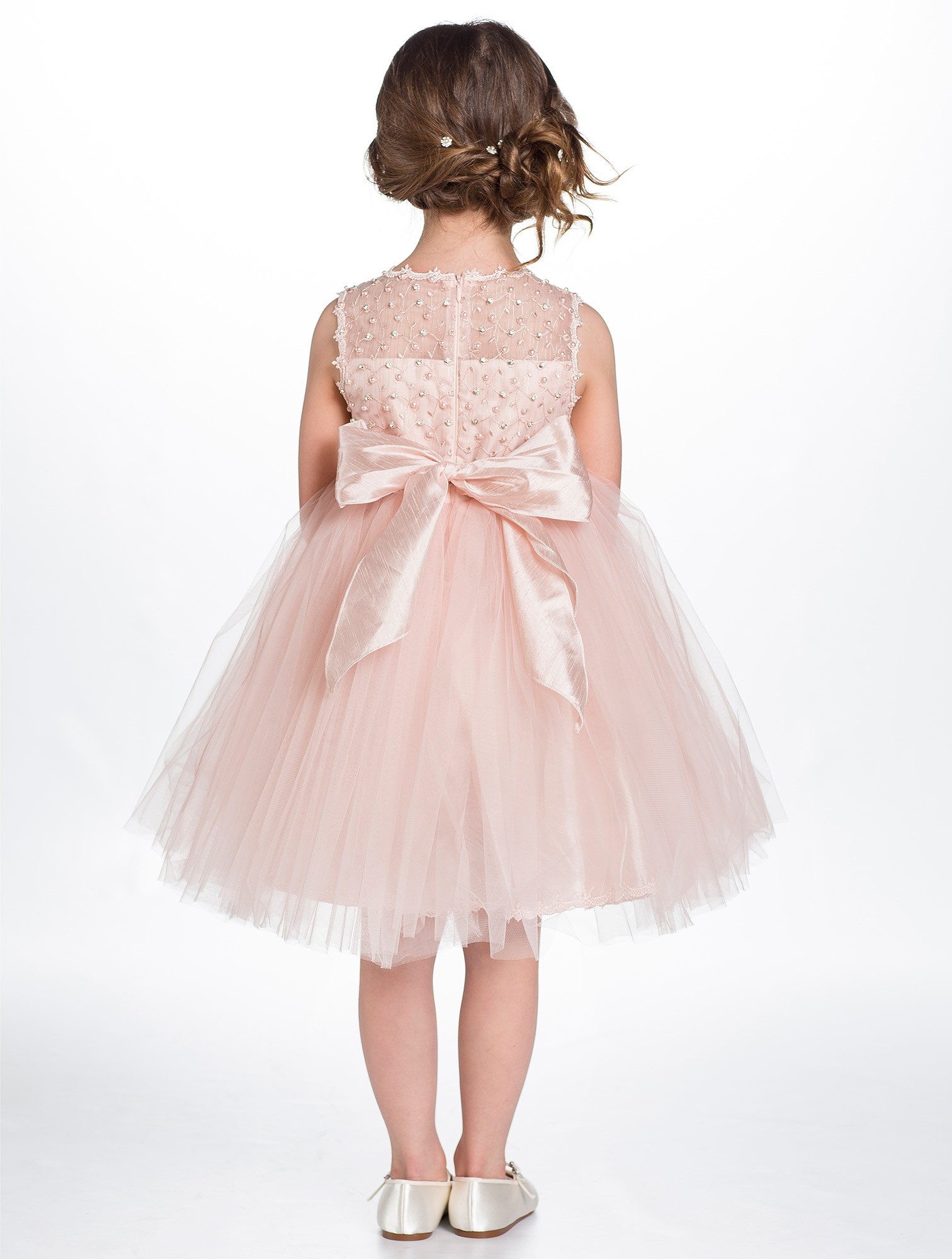 Pink Pearls Flower Girls' Dresses Short Tulle Bow Ball Gown Little Girls Knee Length Pageant Gowns