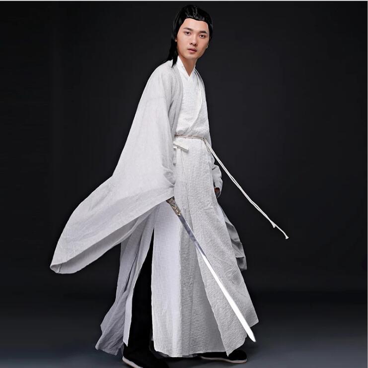 Asian Oriental Cosplay Photo Studio ancient China costume Linen white Gray paintings Color clothes men cotton Sword man hanfu Outfit