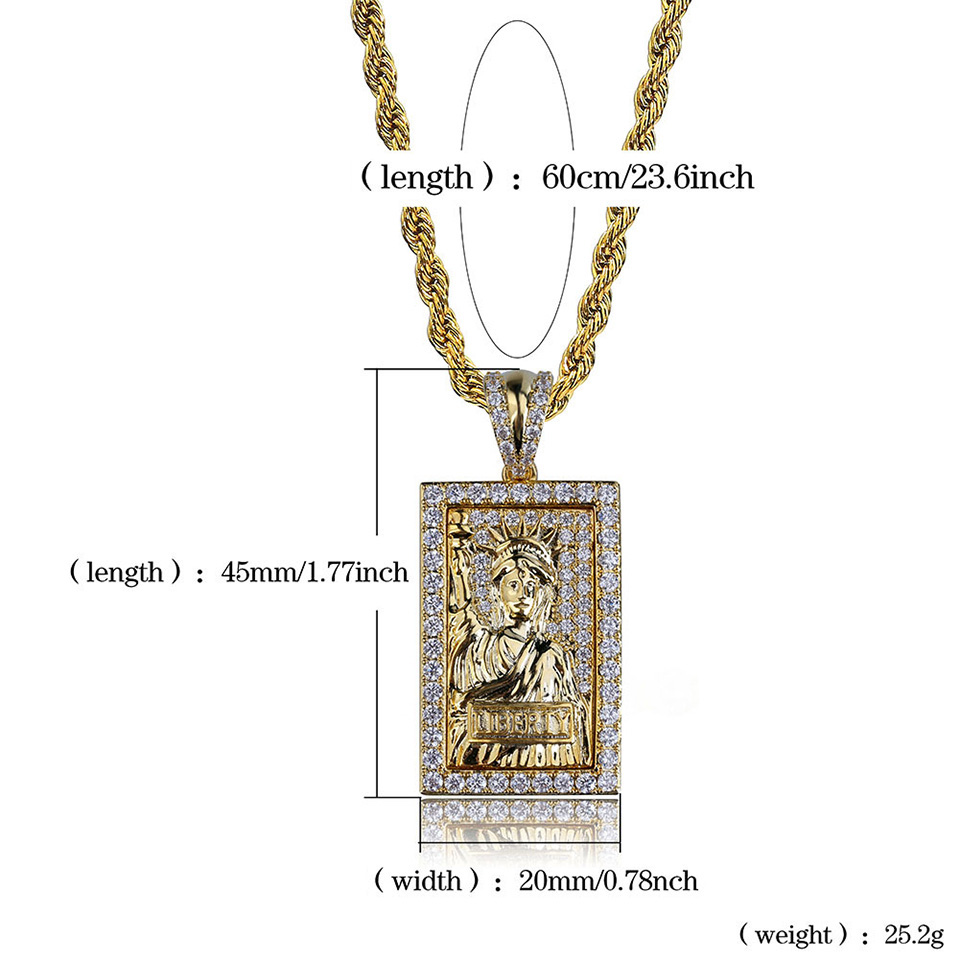 Unisex Gold Plated CZ Cublic Zirconia Gold Bullion Statue of Liberity Rectangle Pendant Necklace Twist Chain Lots Style Hiphop Jewelry Gifts