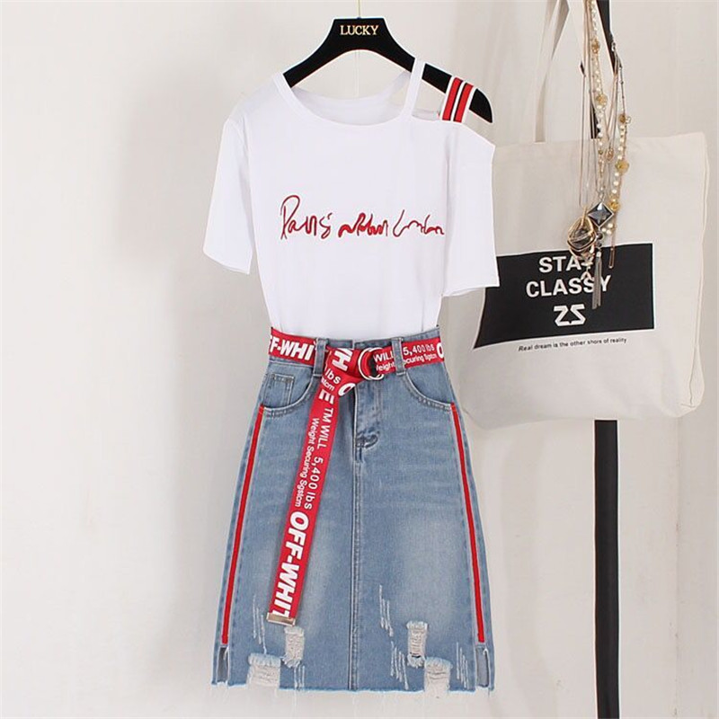 Runway New Summer Office Women Denim Skirt Suit Embroidery Letter Slash Neck T-shirt Tops+Sashes Tassel Jean Skirt 2 Piece Set, Black t-shirt
Runway New Summer Office Women Denim Skirt Suit Embroidery Letter Slash Neck T-shirt Tops+Sashes Tassel Jean Skirt 2 Piece Set, Black t-shirt