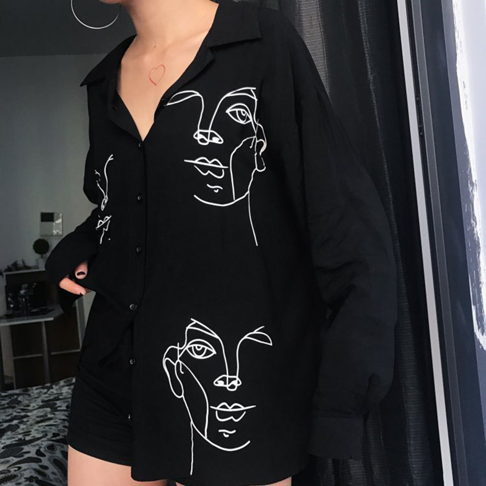 Hip-hop Printed Loose Female White Blouses New Spring Wild Long Batwing Sleeve Shirt for Ladies Turn Down Collar Women's Shirts D18122903