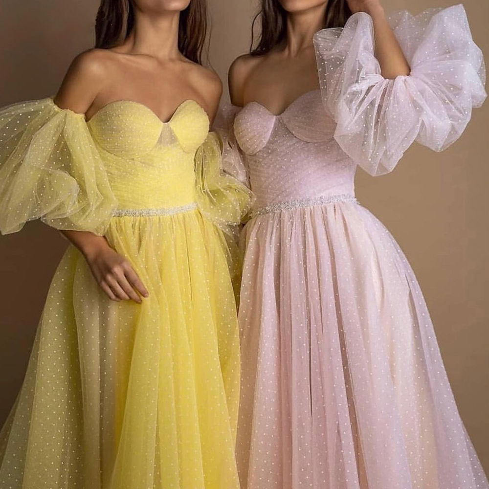 2020 Yellow Prom Dresses Long Pink Party Dress Dot Tulle A-line Evening Gowns Latter Sleeves Elegant Formal Dresses Vestido